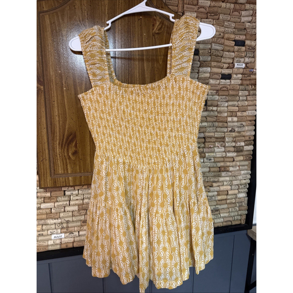 FREE PEOPLE Sweet Annie Smocked Mini Dress Mustard Block Print Floral Sz small - Picture 2 of 7